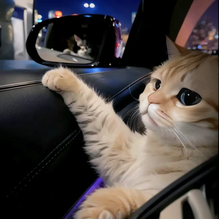 There is a cat sitting in the back seat of the car, A cat that can drive, wave at the camera, driving a car, Paws on the steering wheel, sitting in her car, wave and smiling, Paw perspective, wave, great cat, funny cat, Paw on top, holding paw, cute cat, melancholy expression, riding on the road