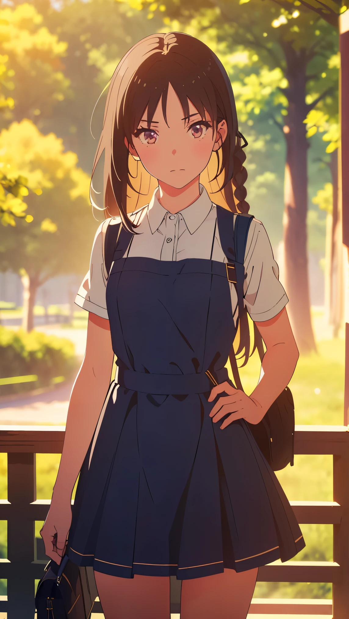 Girl1,(Pinafore Dress),(Stand in a public park),Highly detailed ,8K wallpapers،Highest quality, high resolution, beautiful lighting, realistic shadow, high resolution،(highly detailed, detailed faces and eyes, realistic eyes,full body,Looking at the viewer,cowboy shot) 