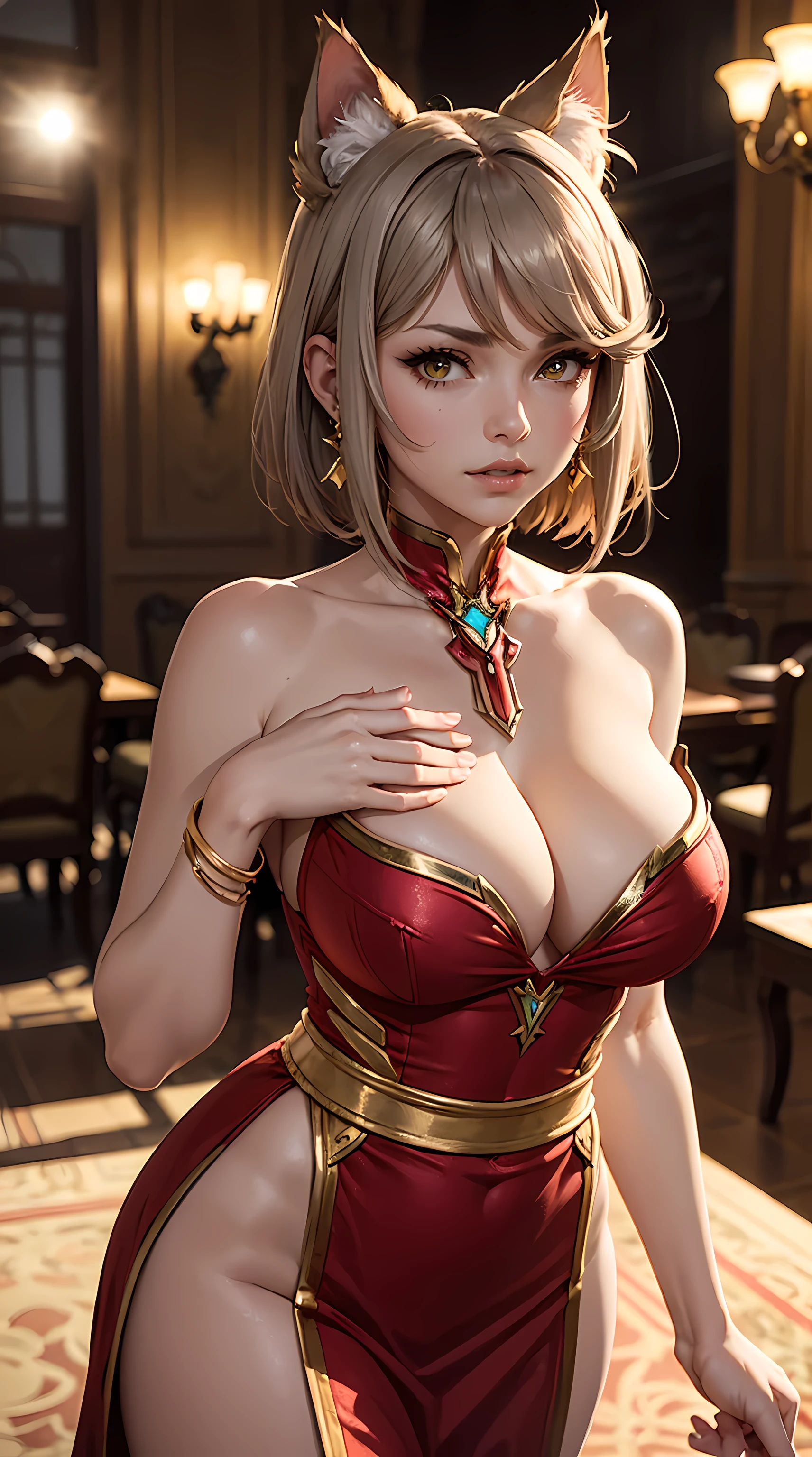 (Na'el Xenoblade 3) Beautiful really short shaggy gray hair woman is shown to have a slender figure, she is wearing a beautiful sexy dress, jewelry, yellow eyes, cat ears, girl standing in a gala ballroom, sexy session, putting her hands on her waist, poseing, exposed cleavage, cowboy shot, superior quality, many details, realistic
