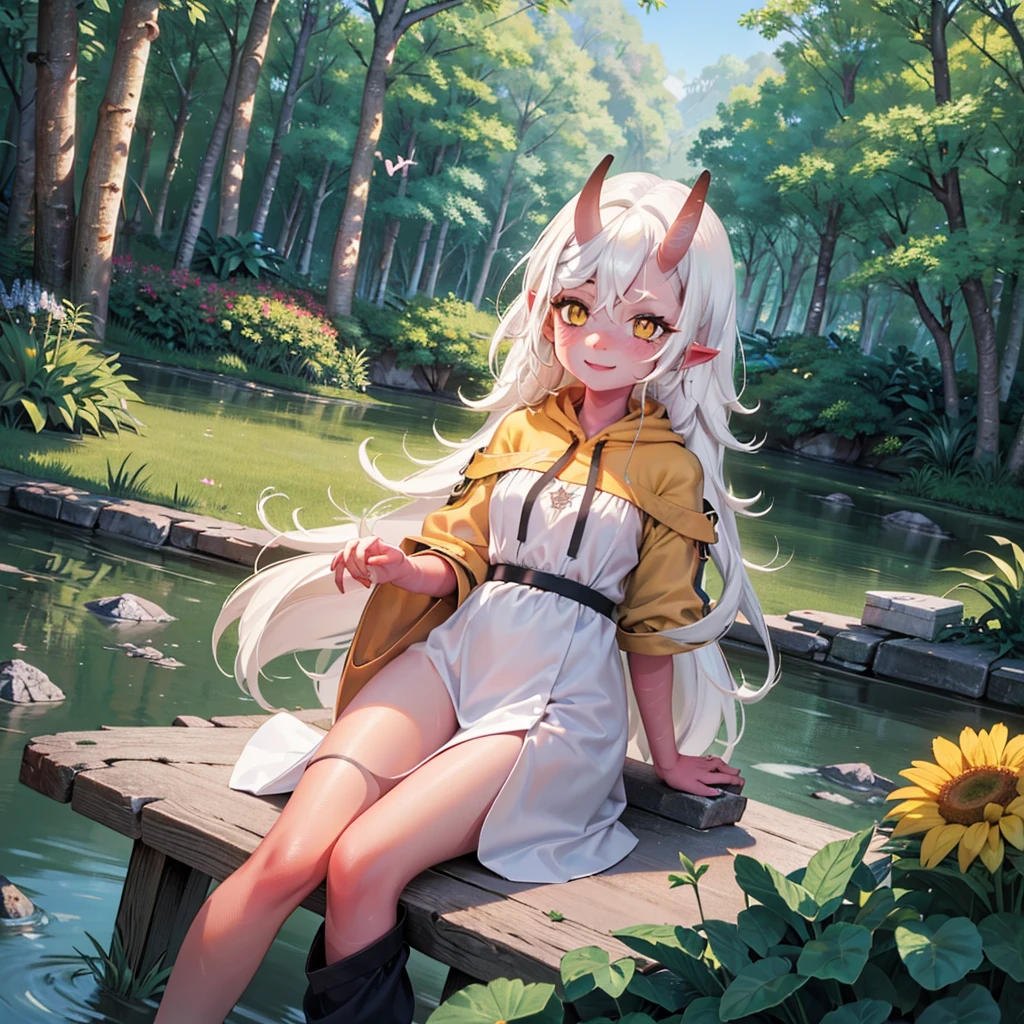 "(best quality,4k,8k,highres,masterpiece:1.2),ultra-detailed,(realistic:1.1),portrait,colorful lighting,,red skin,long white hair,yellow eyes,cute dress clothes,playful expression,garden,flowers,butterflies,toy train,sparkling eyes,sunshine,soft complexion,cheerful,innocent,fun,lovely smile,joyful,curly hair,freckles,fantasy ambiance,daydreaming,fairy tale,dreamy background,imagination,whimsical,childhood memories,happiness,bliss,light-hearted"