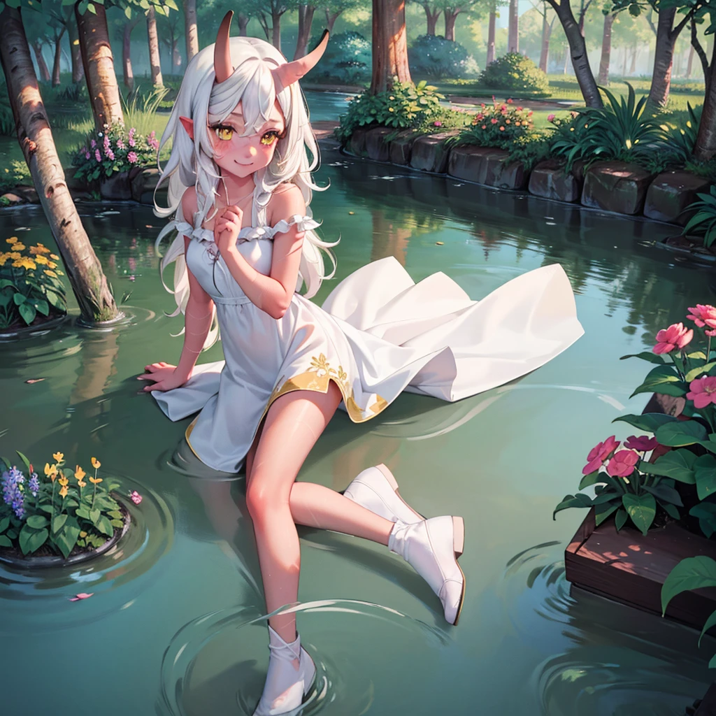 "(best quality,4k,8k,highres,masterpiece:1.2),ultra-detailed,(realistic:1.1),portrait,colorful lighting,kid,red skin,long white hair,yellow eyes,cute dress clothes,playful expression,garden,flowers,butterflies,toy train,sparkling eyes,sunshine,soft complexion,cheerful,innocent,fun,lovely smile,joyful,curly hair,freckles,fantasy ambiance,daydreaming,fairy tale,dreamy background,imagination,whimsical,childhood memories,happiness,bliss,light-hearted"