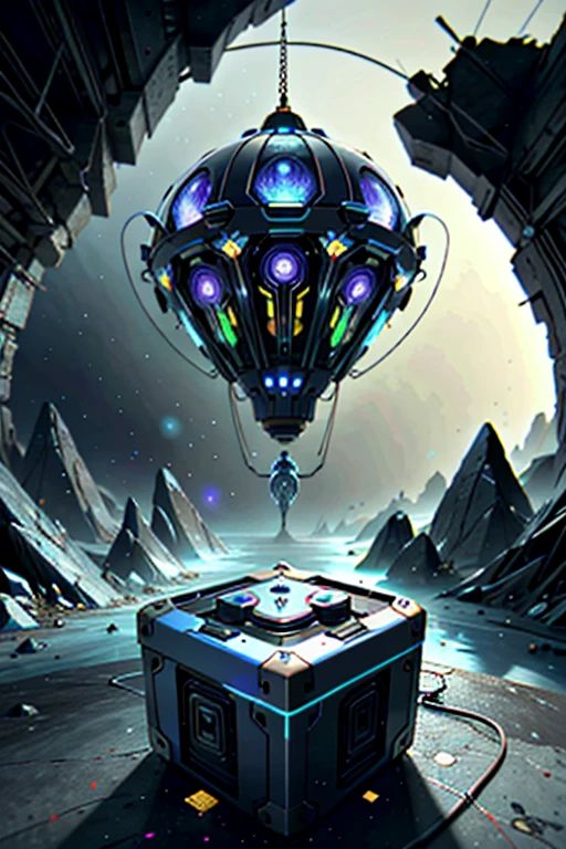 (best quality,4k,8k,highres,masterpiece:1.37), ultra-detailed, (realistic,photorealistic,photo-realistic:1.37), (aerial view), (top down perspective), (a futuristic artifact box full of retro video game cartridges:1.6), (Futuristic artifact box), (the artifact box is open), (The scene unfolds inside a mystical cavern:1.4), (dynamic angle:1.37), fractal_environment, (fantasy and sci-fi mixed:1.37), holographic glitch effects floats around the environment, vibrant colors, (A blue glow emanates from inside the treasure chest), glowing lights, (abandoned machinery), (there are video game cartridges and consoles on the background), mystical creatures, (there are crystal formations spreading on the background), (futuristic technology), (ancient artifacts), mystical energy, vibrant retro aesthetic, atmospheric lighting, ancient ruins, mysterious symbols, lush vegetation, nostalgic atmosphere, epic adventure, delightful surprises