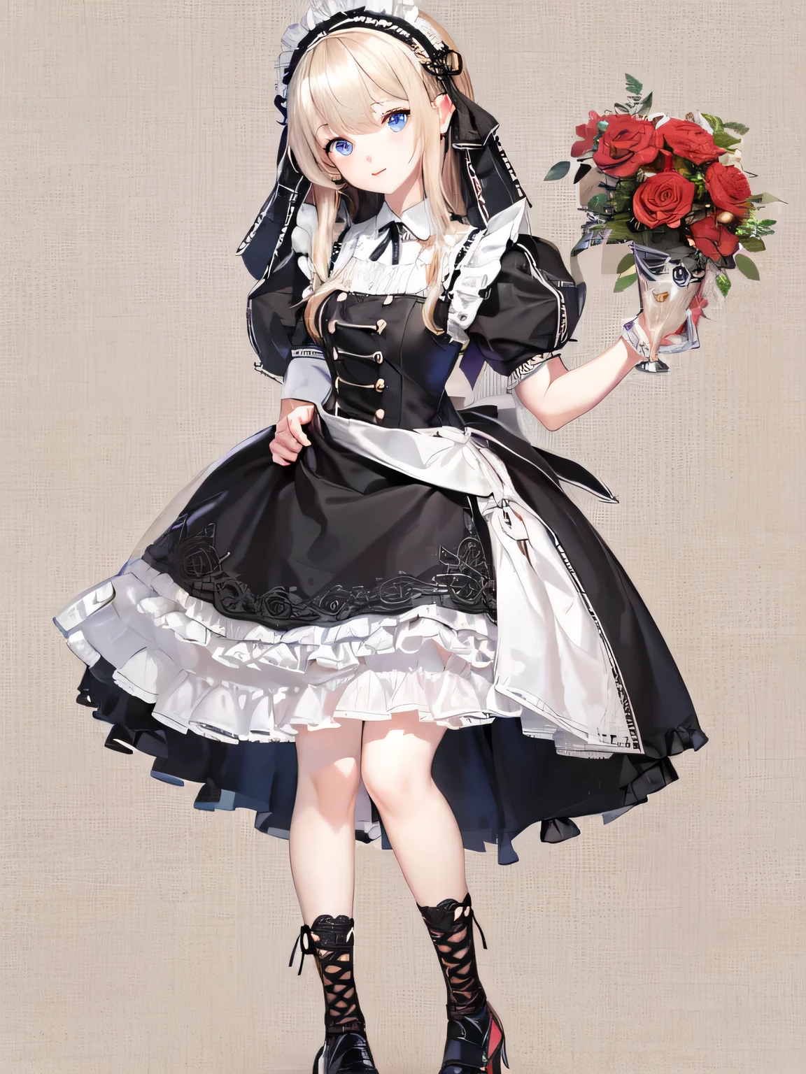 elvish, s girl, solo, full bodyesbian, platinum-blonde,Twin-tailed, blue eyes, Smiled, Standing, Greetings at Curtsy,
maid clothes(Solid black short dress, puff sleeves, Knee-length short dress, White cuffs with sleeves, 1 black button on cuffs, The collar is white, White Apron Dress(Shoulder buttons, White lace ruffles at shoulder straps, Big ribbon knot at the back))
Red Ascot Thailand,
Head headband with white lace ruffles,
Black garter stockings,
Black garter belt(Red flower embroidery on Boston)
white panniers(Lots of frills, The hem of the pannier is lace),
Black enameled shoes(high-heels),
Mucha style background