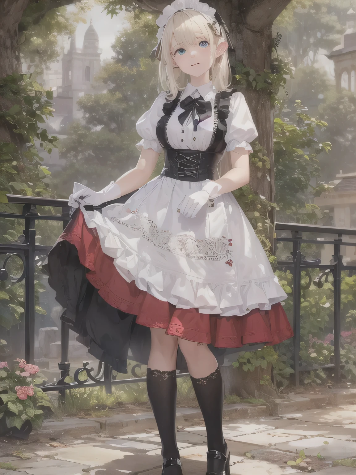 elvish, teens girl, solo, full bodyesbian, platinum-blonde,Twin-tailed, blue eyes, Smiled, Standing, Greetings at Curtsy,
maid clothes(Solid black short dress, puff sleeves, Knee-length short dress, White cuffs with sleeves, 1 black button on cuffs, The collar is white, White Apron Dress(Shoulder buttons, White lace ruffles at shoulder straps, Big ribbon knot at the back))
Red Ascot Thailand,
Head headband with white lace ruffles,
Black garter stockings,
Black garter belt(Red flower embroidery on Boston)
white panniers(Lots of frills, The hem of the pannier is lace),
Black enameled shoes(high-heels),
Mucha style background