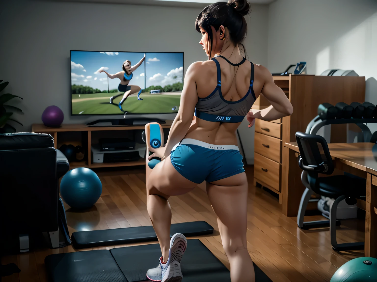 woman in blue shorts and gray top playing wii on a television, working out, cottagecore!! fitness body, workout, fit pic, side view of her taking steps, lunging at camera :4, legs and arms, in shape, wearing fitness gear, indoor shot, leg and hip shot, fit body, sport bra and dark blue shorts, side shot, high quality, 8k