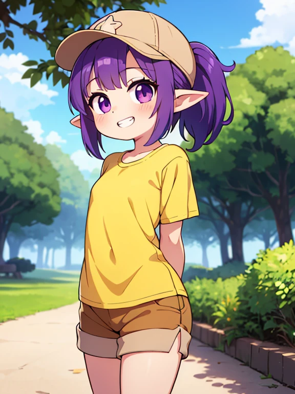 1girl, (young), (chibi), ((pointy ears)), ((green skin)), purple hair, (short hair), messy hair, ponytail, big eyes, purple eyes, smile, teeth, yellow shirt, brown shorts, sandals, arms behind back, ((cowboy shot)), trees, blue sky, best quality, (fantasy), ((pointy cap))