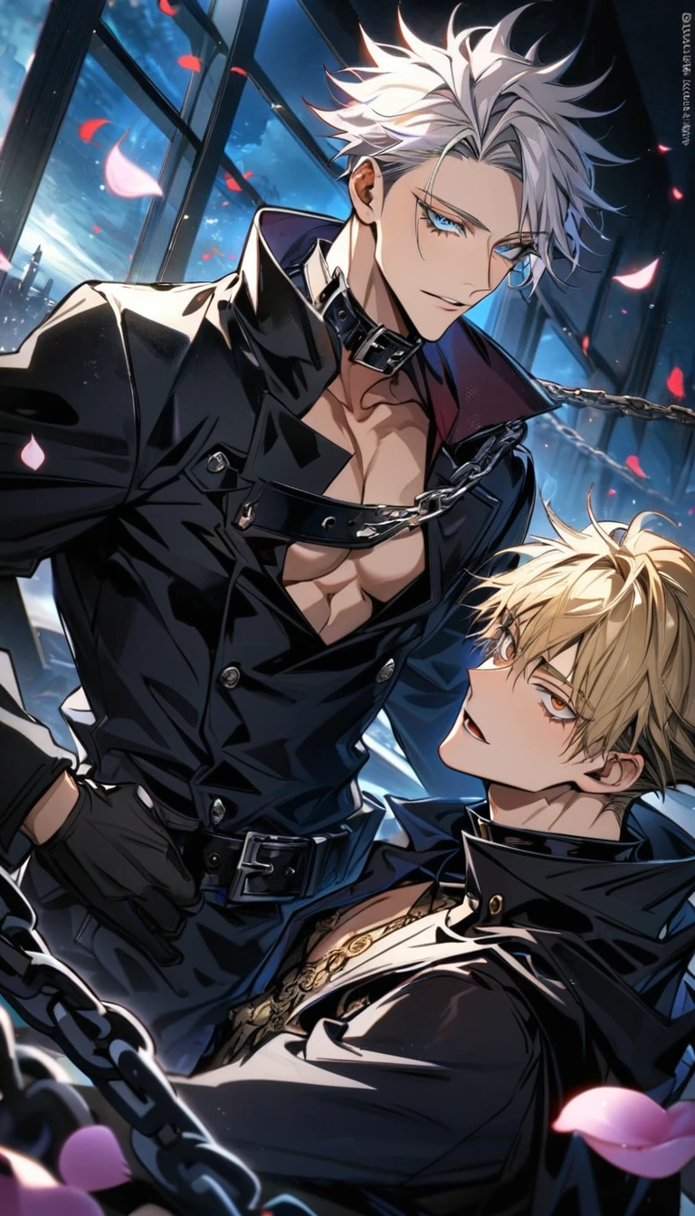 (absurdres, highres, ultra detailed, HDR), master piece, best quality, Gojo Satoru, white hair with bangs, white eyelashes, vibrant blue eyes, Jujutsu kaisen, Nanami Kento, blond hair, vibrant brown eyes, 2 gay men together, handsome, black leather coat, bare chest, belt across his chest, black collar, black gloves, chains, cape, moon, petals, window