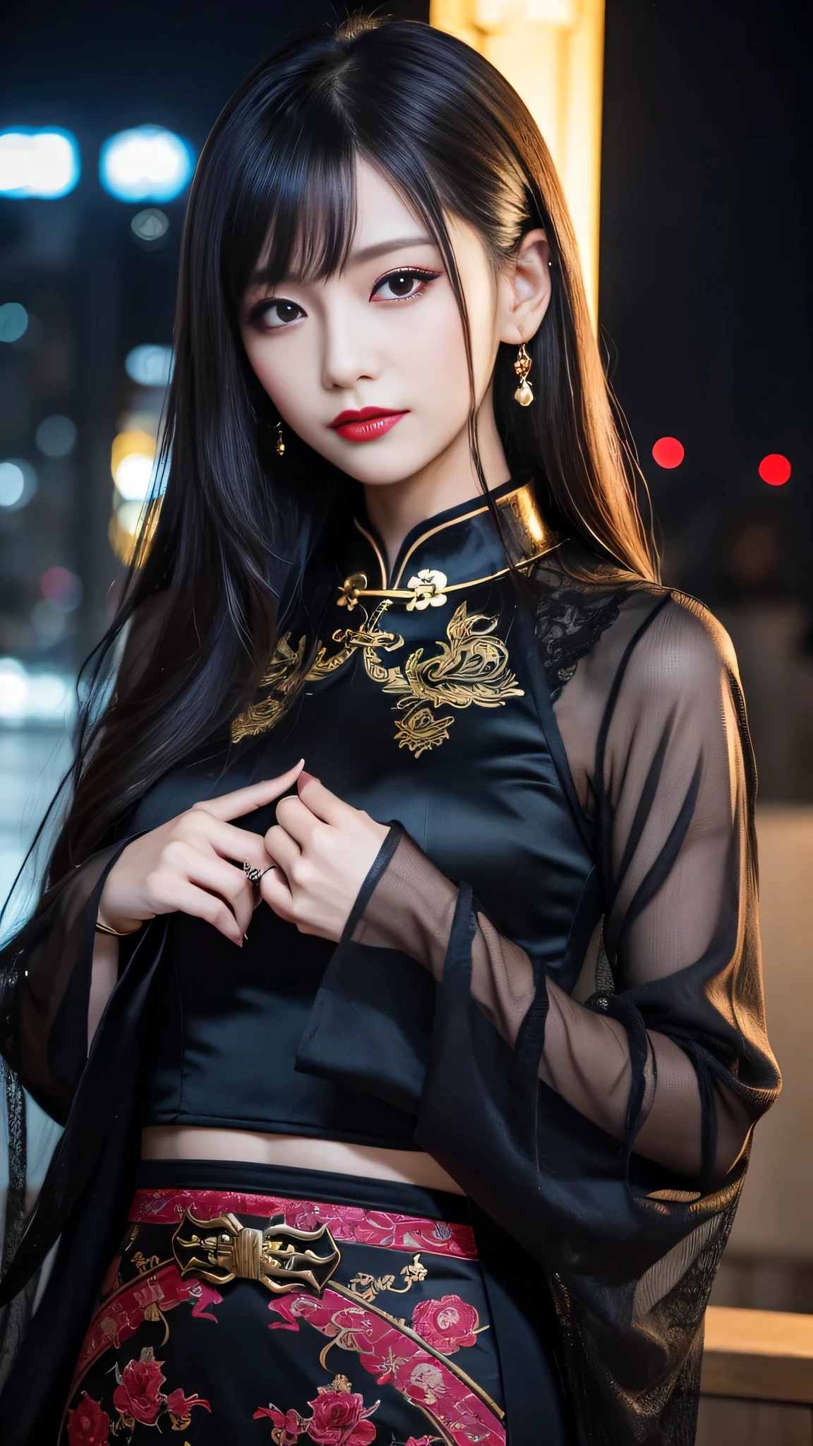 tra-detailed、Japanese、attractive beauty、seductive adult woman、pretty woman、piercing eyes、cool girl、wavy hair、swept bangs、Long Black and Gold Cheongsam、wide sleeves、Evil cadres、evil depravity、brainwash、mind control、lipstick、lip gloss、dark makeup、smirk、whisper in your ear、Evil expression、evil、hollow eyes,half-closed eyes、empty eyes、evil、church at night、vampire、succubus、vampire、Swear allegiance、sexy pose、bracelet