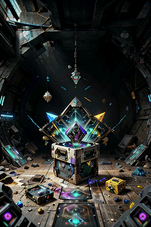 (best quality,4k,8k,highres,masterpiece:1.37), ultra-detailed, (realistic,photorealistic,photo-realistic:1.37), (aerial view), (top down perspective), (a futuristic artifact box full of retro video game cartridges:1.6), (Futuristic artifact box), (the artifact box is open), (The scene unfolds inside a mystical cavern:1.4), (dynamic angle:1.37), fractal_environment, (fantasy and sci-fi mixed:1.37), holographic glitch effects floats around the environment, vibrant colors, (A blue glow emanates from inside the treasure chest), glowing lights, (abandoned machinery), (there are video game cartridges and consoles on the background), mystical creatures, (there are crystal formations spreading on the background), (futuristic technology), (ancient artifacts), mystical energy, vibrant retro aesthetic, atmospheric lighting, ancient ruins, mysterious symbols, lush vegetation, nostalgic atmosphere, epic adventure, delightful surprises