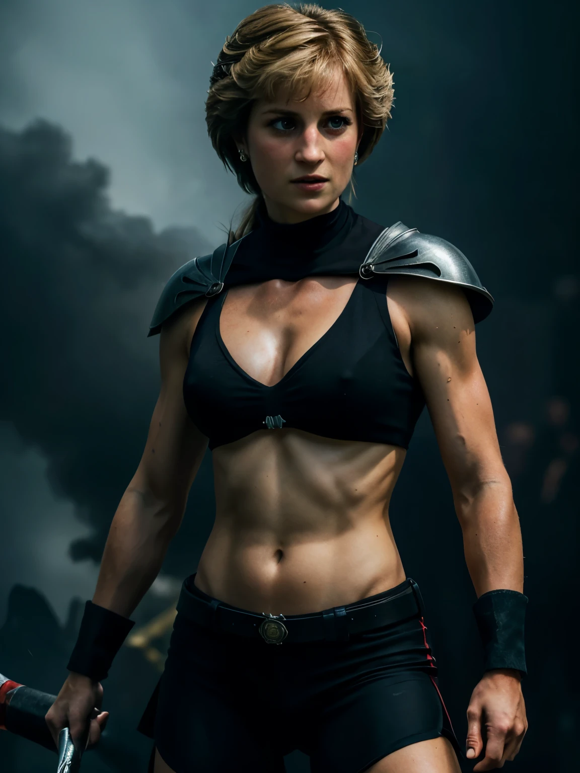 (best quality,4k,8k,highres,masterpiece:1.2),ultra-detailed,(realistic,photorealistic,photo-realistic:1.37),sword-wielding,ferocious,brave warrior,girl with a brave expression,(((exact face of Princess Diana))), detailed facial features,expressive eyes,sharp nose,fierce eyes,beautiful face,flowing hair,fine clothing and armor, round deep navel,powerful stance,confident posture,misty background,hint of smoke,fierce battle scene,warrior in action,heroic aura,gritty texture,strong contrast,vivid colors,highlights and shadows,stark contrast between light and dark,moody feel,mysterious lighting,dramatic composition,splashes of red and black,dynamic movement,strong presence,unforgettable,portrait of resilience and strength.