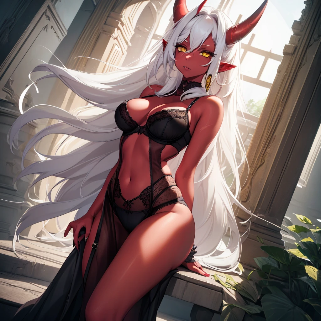 A girl with (( long white hair, yellow eyes, sexy clothes, and medium breasts)), red skin. She also has ((red horns)). The colors of the image should be vivid, enhancing the fantasy style. The lighting should be dramatic, with high contrast and strong shadows. The image should be of the best quality, with a resolution of 4k or 8k, and it should be a masterpiece. The image should have a realistic look, with attention to detail. ((Lingerie))