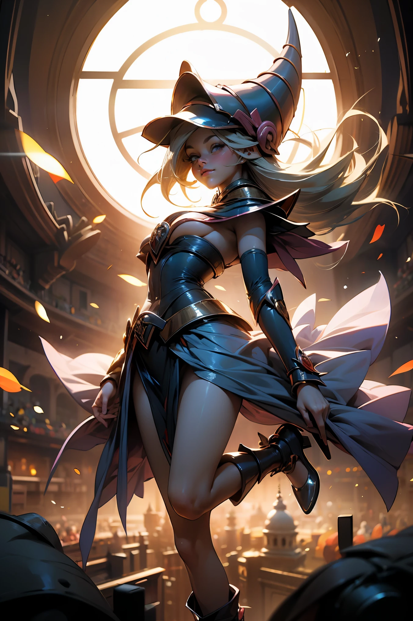 (masterpiece:1.2), (The best quality:1.2), perfect lighting, Dark Magician Girl casting a spell, in battle. floating in the air, visible medium tits, transparent neckline, blue robe, big hat, from above, Sparkles, Yugioh game, The magic of the heart. LIGHTS OF THE HEART, romantic heart. She wears heels. has heels. Wear heels 