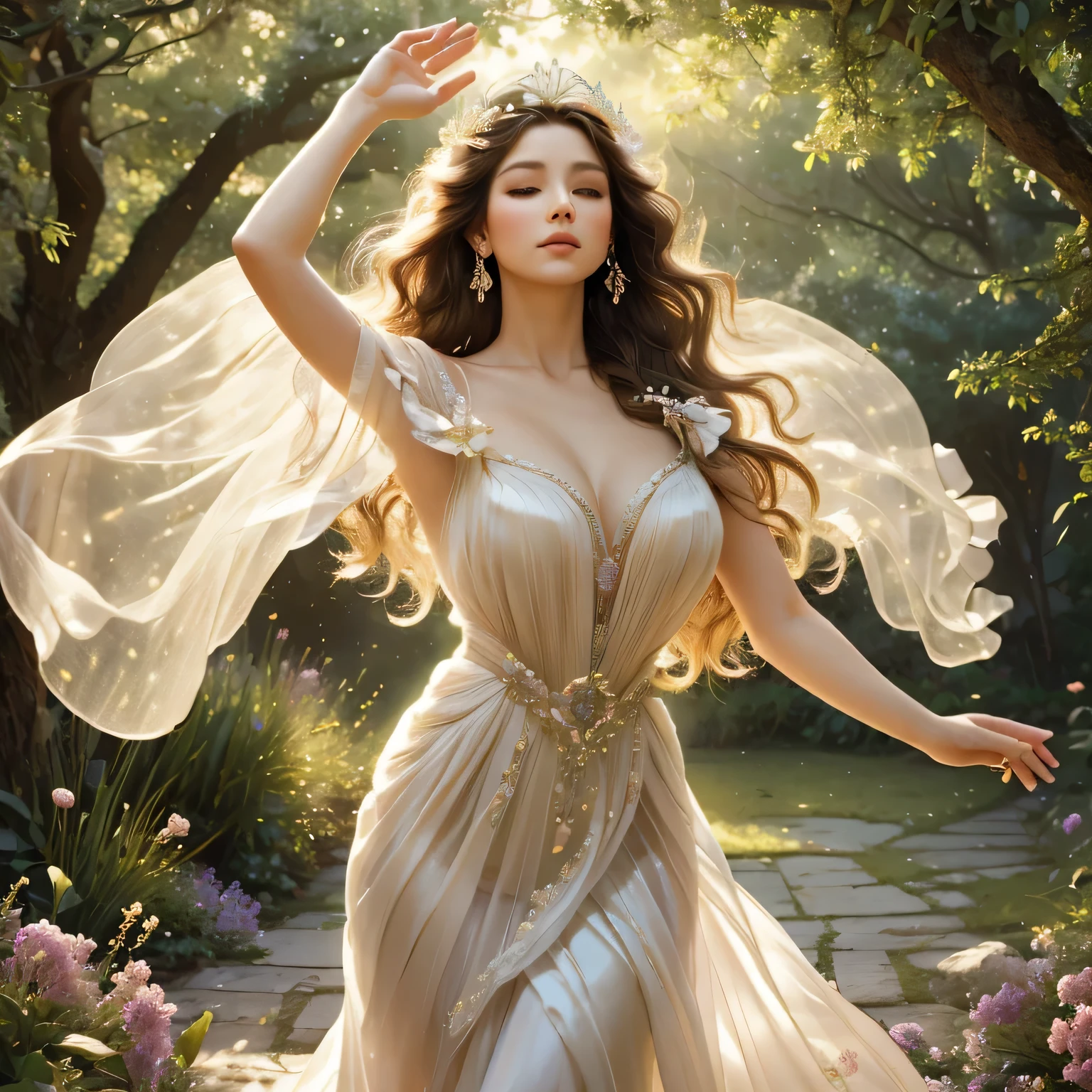 (best quality,4k,8k,highres,masterpiece:1.2),ultra-detailed,(realistic,photorealistic,photo-realistic:1.37),portrait,ethereal,glamorous,exquisite beauty,mesmerizing gaze,sensual lips,delicate features,golden hair flowing,soft pastel colors,subtle lighting,graceful pose,sheer gown,dreamlike ambiance,feminine silhouette,enchanted garden backdrop,whispering flowers,butterflies in flight,magical atmosphere,vibrant hues,mystical charm,aesthetic allure,sunlight filtering through trees,ethereal glow,dreamy composition,romantic atmosphere,serene mood,pinpoint details,ethereal beauty,vivid colors,radiant complexion,delicate elegance,expressive eyes,long flowing dress,delicate patterns,soft fabrics,breezy and weightless,seductive and alluring,innocent and captivating,peaceful and enchanting,airy and ethereal,classic and timeless,portrait of a goddess,portrait of grace and beauty,embodying elegance and poise,effortless elegance and glamour,celestial vision of beauty,undulating curves and cascading folds