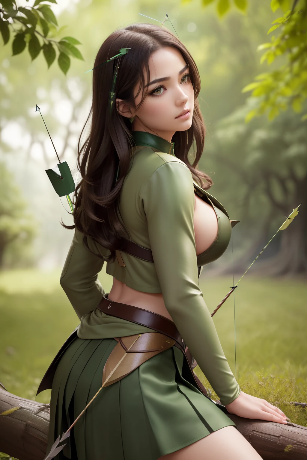 (masterpiece, best quality, cinematic, photorealistic, ultra-detailed), (1girl, Japanese knight), (wide shot, from below), (wearing an archer armor with an accent of green, wearing brown gloves and boots, wearing a long green cape), (wearing a green top and worn-out skirt:1.4), (messy black hair), perfect hands, perfect face, (large cleavage, bursting breasts), (seductive pose), (brown eyes, soft and shimmery eyeshadows, detailed pupils, defined eyelashes), (blushing, slightly parted lips, cherry lips), (sitting on a large tree branch), (navel:1.2), (arrow quiver st her back:1.5)