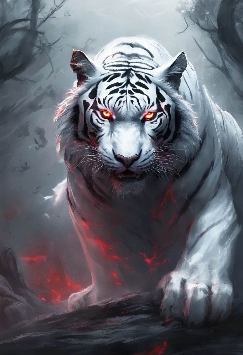 Chinese style，Chinese mythology，White Tiger，Roar，ferocious，huge，red eyes，glow effect，Takayama，Cloudy and foggy，night，Middle view scene，body intact, Like a， highly detailed surreal vfx，Overclocked rendering， - AR 16:9 --q 2 --s 1000