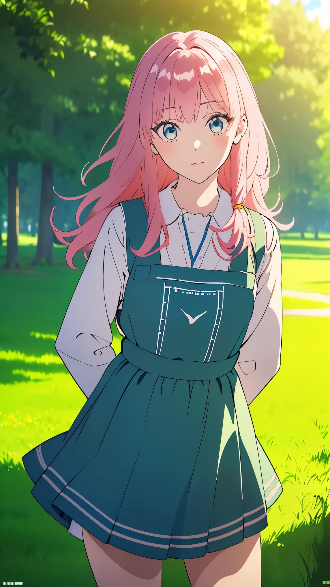 Girl1,(Pinafore Dress),(Stand in a public park),Highly detailed ,8K wallpapers،Highest quality, high resolution, beautiful lighting, realistic shadow, high resolution،(highly detailed, detailed faces and eyes, realistic eyes,full body,Looking at the viewer,cowboy shot)