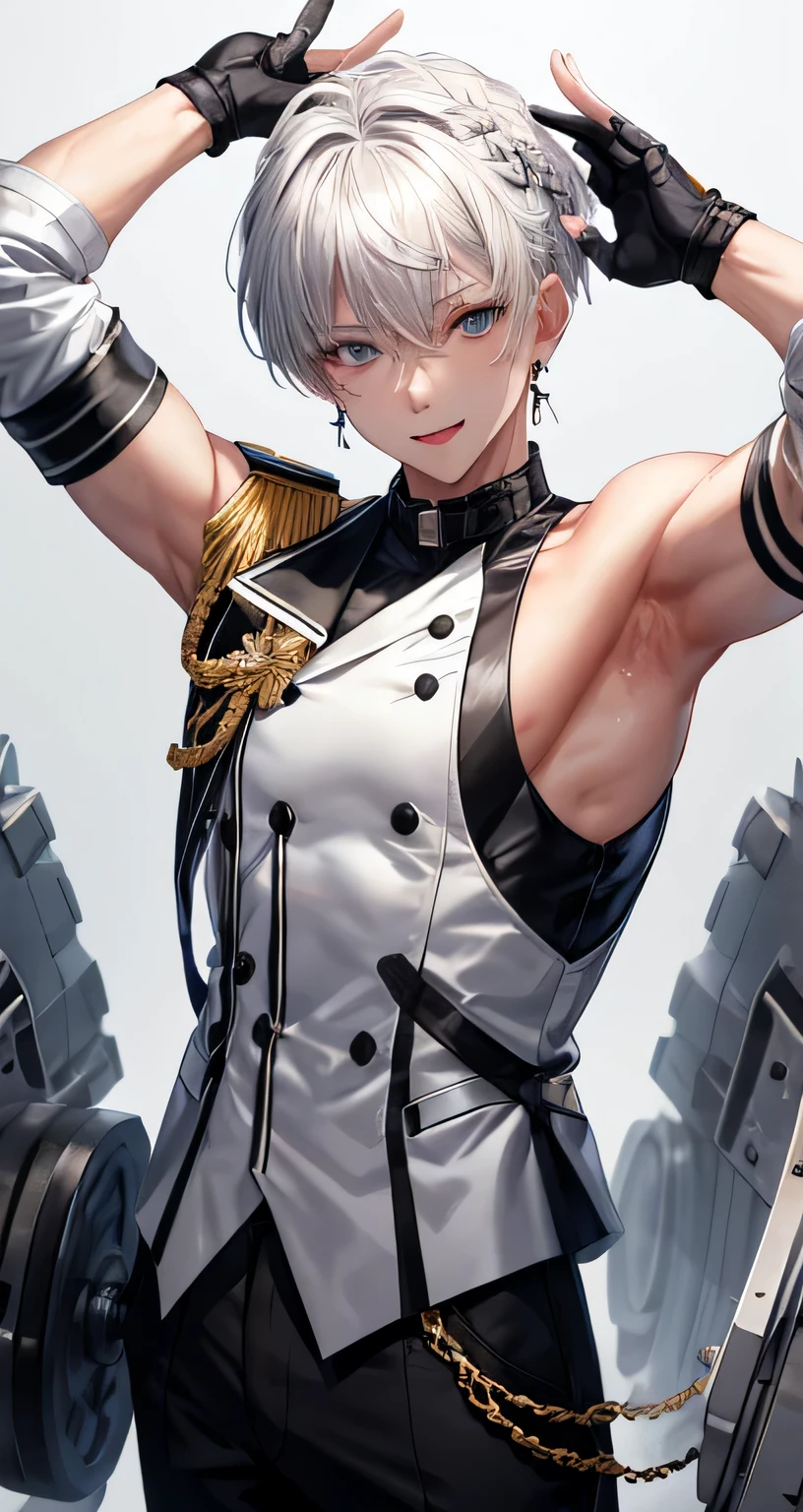 1 boy, grey eye, return, bangs, bare shoulders, black gloves, blue eyes, Braid, choker, earrings, fingerless gloves, from behind, gloves, gray hair, holding, Jacket, jewelry, short hair, looking at the viewer, looking return, nail polish, off shoulder, parted lips, earrings, ponytail, red Jacket, alone, Upper body,he didn&#39;t,[[realistic]],(shiny skin),(masterpiece:1.4),(highest quality:1.4), anime boy in white jacket with short hair and ears standing in front of bushes, azur lane style, white haired deity, cute anime waifu in a nice shirt, boy frontline style, boy frontline cg, fine details. Boy frontline, from boy frontline, anime visual of a cute boy, from the azur lane videogame, characters from azur lane, perfect white haired boy, 8k high resolution,detailded face,detailed bpdy,perfect body,ultra high quality,1 boy, sleeveless shirt,arms up with dumbell, sweating, smile face, grey eyes, fitness pose, fuul body, wearing black trousers, smilling face, grey hair, short hair, with cat dools, fuul background, 
