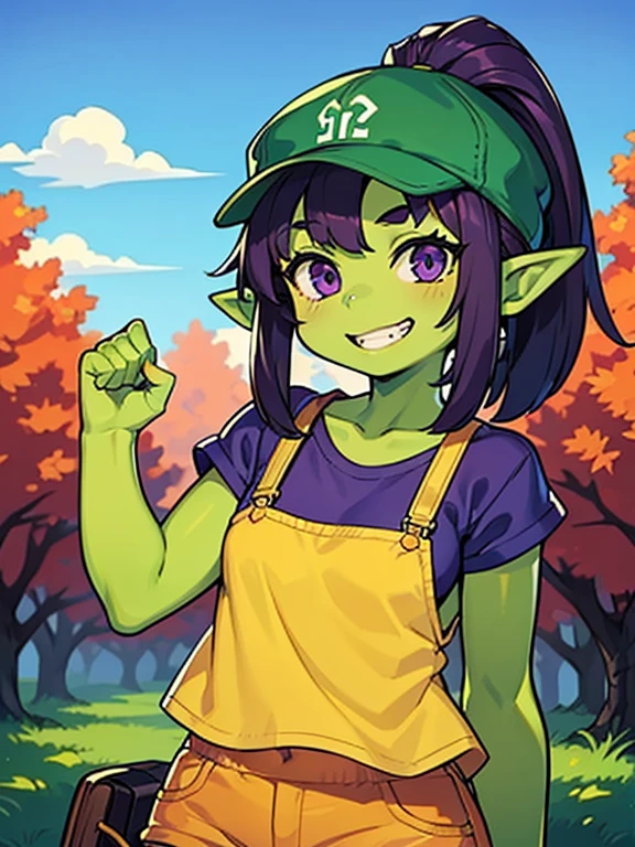 1girl, (young), (chibi), (goblin girl), ((pointy ears)), ((green skin)), purple hair, (short hair), messy hair, ponytail, big eyes, purple eyes, smile, teeth, yellow shirt, brown shorts, sandals, arms behind back, ((upper body)), trees, blue sky, best quality, (fantasy), ((pointy cap))
