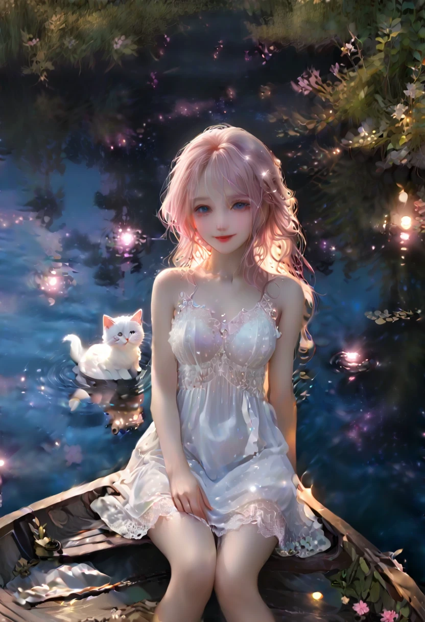 (8K、Raw photo、highest quality、look up:1.2、masterpiece:1.2、genuineistic、ultra high resolution、high contrast、photon mapping、genuine、Super detailed、official art, Raw photo、professional lighting、 light、Vivid atmosphere、twicelight) (1 girl), (alone:1.5), (full body figure), (Portrait of a Girl), (Young look),(Moist eyes), (beautiful face:1.3), (perfect proportions:1,2), (thin legs), (thin thighs), (long legs:1.2), (delicate), (height: 150cm), (15 years old) , (Fair skin、white skin: 1.5), (lightブラウンのポニーテール), (Pink Hair Fastening), (One white kitten),
A girl and a white kitten, A girl and a white kittenがボートに乗っている, beautiful eyes, smile, Summer night starry sky reflected on the water, serene smile, thin eyebrows, white summer dress, Lace hem lightly touching the water, golden hair, medium length, Gentle waves flowing in the breeze, Eyes that sparkle like stars, Lying in a small boat, Background of a lake under a starry sky, A gently swirling dress, The soft light from the stars shining on her, Hair that captures the sparkle of the stars, His face turned up towards the night sky, Hands clasped on her stomach, The sense of serenity in her posture, 彼女のそばで休むdelicateなサンダル, Ripples where the hem of her dress touches the water, A twinkling star in her wide eyes, Distant trees on the coastline々silhouette of, The Milky Way overhead, A boat gently rocking to the rhythm of the lake, The sounds of insects at night add to the atmosphere., A calm expression reflected on the calm water surface, Distant fish splash, The glow from the stars casts a celestial glow on the scene, Shooting stars crossing the sky, A hint of wonder in her gaze, Bright night sky reflected in still water, Soft waves crashing on the boat, Peace and quiet on a summer night, Her figure bathed in ethereal starlight, Creates a mysterious aura, An atmosphere of tranquility and contemplation, High Fantasy Worldview, Beautiful depiction of grand composition and proportions, Guardian nebula of rainbow light and silvery vapor, Corrosive Encirclement Ray Family Color, slimy air feeling,