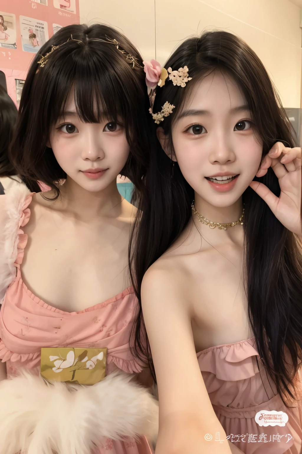 Two Asian women in pink dresses posing for a photo., ulzzang, tendencia en cgstation, dos hermosas chicas anime, sakimichan, bella delfina, lindocore, nixeu y sakimichan, sha xi, hermosos gemelos geminis, kanliu666, el corte de hime, Xision Wu, 8k selfie photography