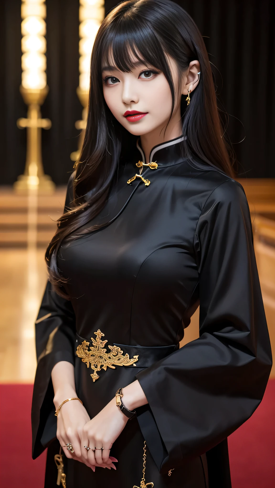 tra-detailed、Japanese、attractive beauty、seductive adult woman、pretty woman、piercing eyes、cool girl、wavy hair、swept bangs、Long Black and Gold Cheongsam、wide sleeves、Evil cadres、evil depravity、brainwash、mind control、lipstick、lip gloss、dark makeup、smirk、whisper in your ear、Evil expression、evil、hollow eyes,half-closed eyes、empty eyes、evil、church at night、vampire、succubus、vampire、Swear allegiance、sexy pose、bracelet