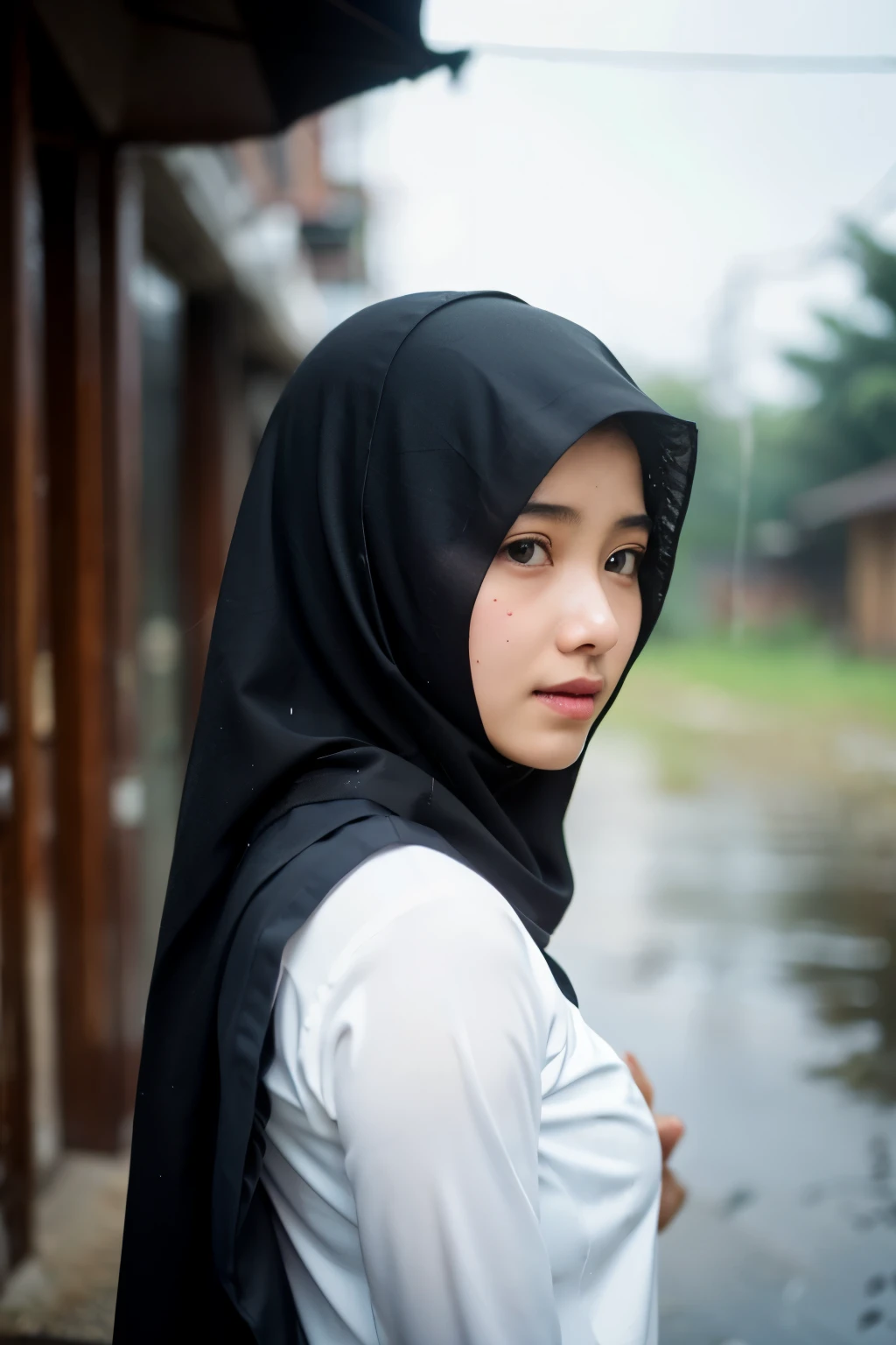 1girl, long black jilbab syar'i, uniform, shy, blush, wet, rain, transparent, ((medium breast 1.5)),((indonesian girl)), (masterpiece, best quality), soft light, cinematic composition, cinematic light