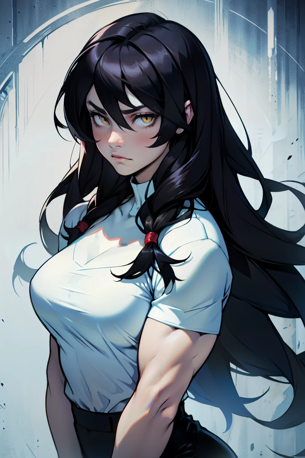 sad pale muscular girl breasts hair black hair yellow eyes extremely long hair sad