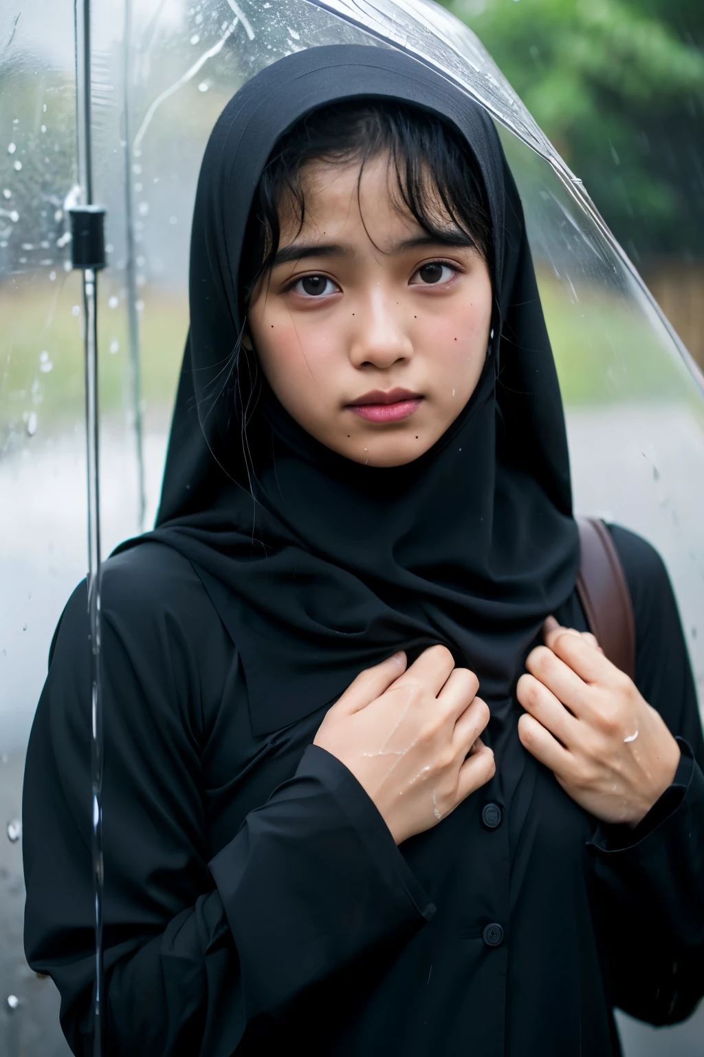 A beautiful Asian girl wearing a long black hijab was shopping at a traditional market then she fell in a puddle of mud until her breasts were dirty from the splash of mud, without any clothes on.