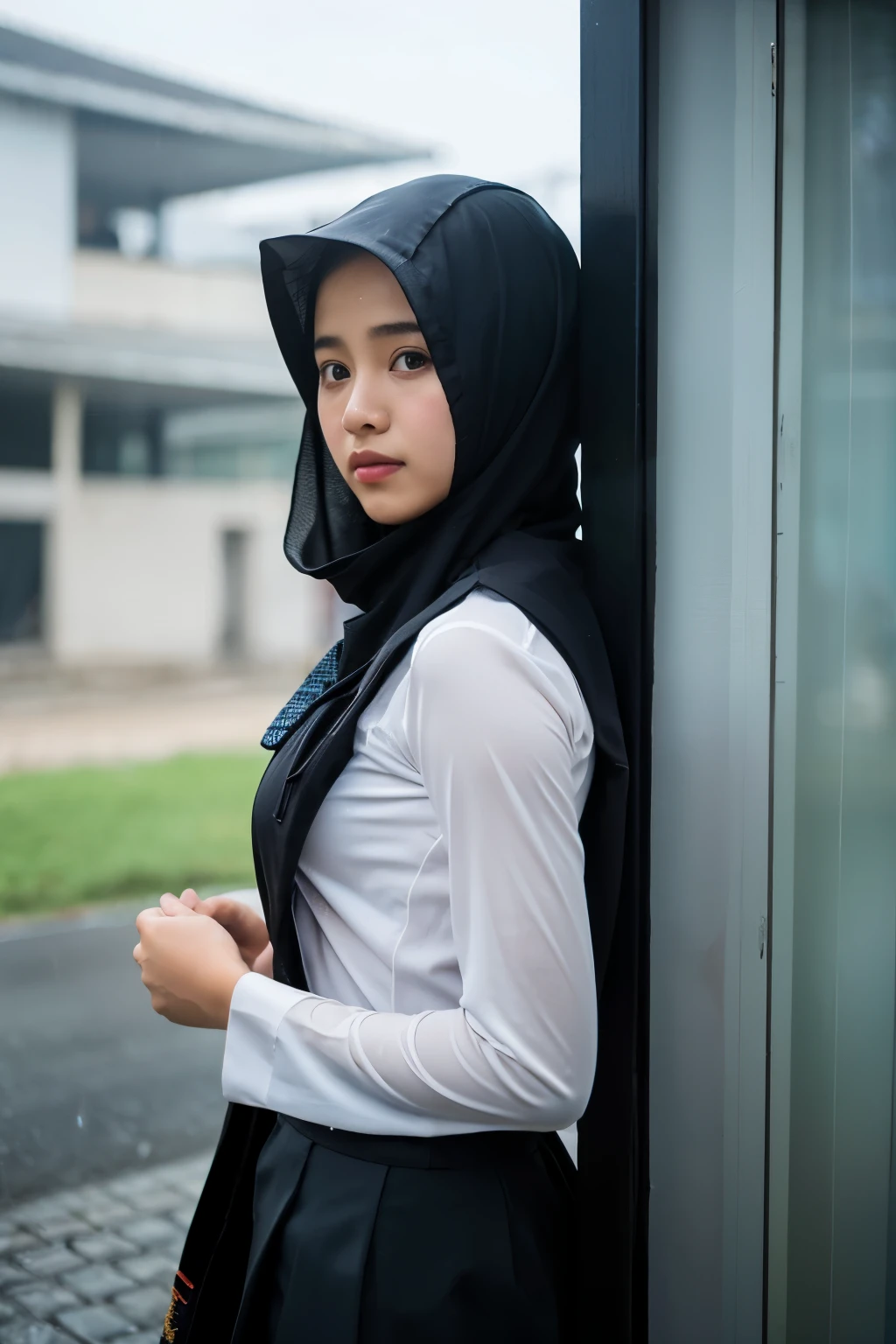 1girl, long black jilbab syar'i, uniform, shy, blush, wet, rain, transparent, ((medium breast 1.5)),((indonesian girl)), (masterpiece, best quality), soft light, cinematic composition, cinematic light