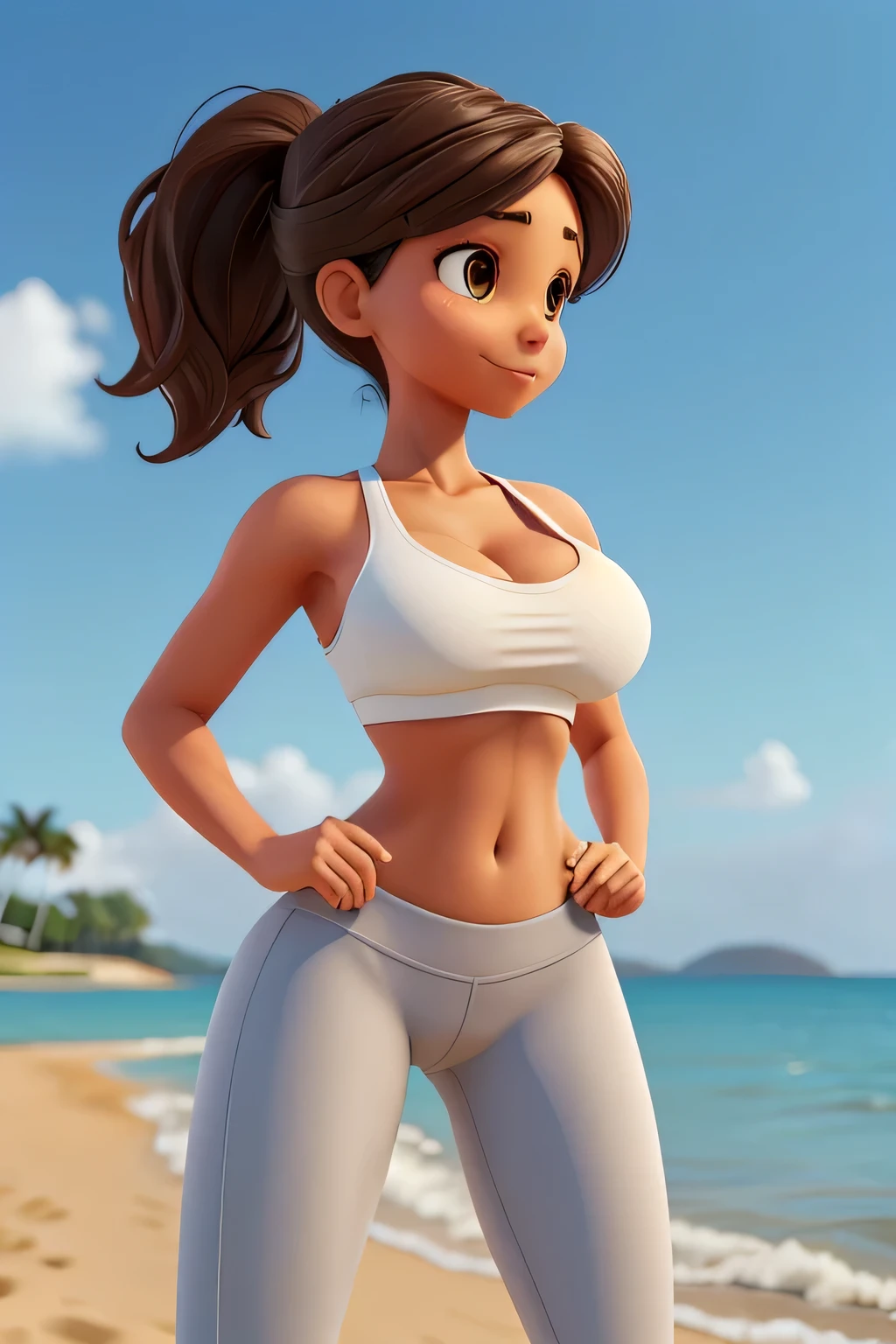 Cassia, a brazilian woman with a slim body shape, wearing a sport bra and yoga pants, is doing a workout on the beach. She has (big and natural 36D breasts:1.3), which adds to her attractive appearance. Cassia is indulging in her fitness routine, performing a running exercise. The scene captures her toned skin and highlighting the seamless blend of athleticism and elegance. The panoramic view of the beach emphasizes the vastness of the surroundings, providing a serene backdrop for the woman's workout. The overall image quality is of the highest standard, with ultra-detailed rendering, vivid colors, and sharp focus. The lighting captures the natural sunlight, enhancing the beach atmosphere and creating a visually stunning composition