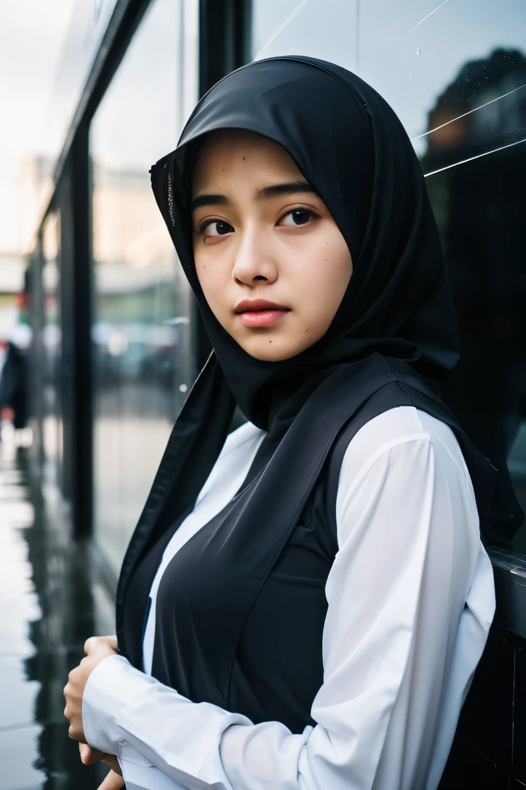 1girl, long black jilbab syar'i, uniform, shy, blush, wet, rain, transparent, ((medium breast 1.5)),((indonesian girl)), (masterpiece, best quality), soft light, cinematic composition, cinematic light