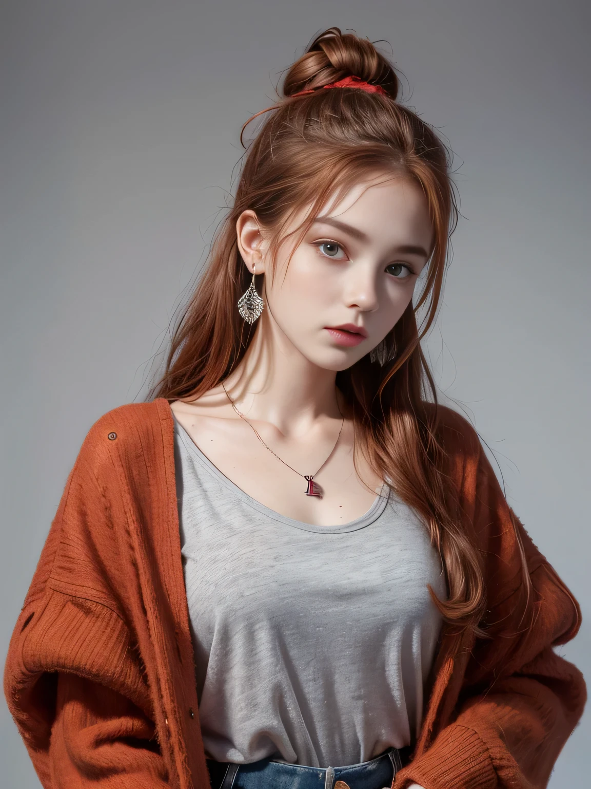 (8K, highest quality, High resolution, masterpiece :1.3), (gray background), stylish, hisense, fashion, The contour is the length of the surface, eyes are long, (freckles), Wavy red hair bun, hair band, Red oversized clothing, baggy clothes, Upper body, necklace, earrings, graphic design, take a pose, 