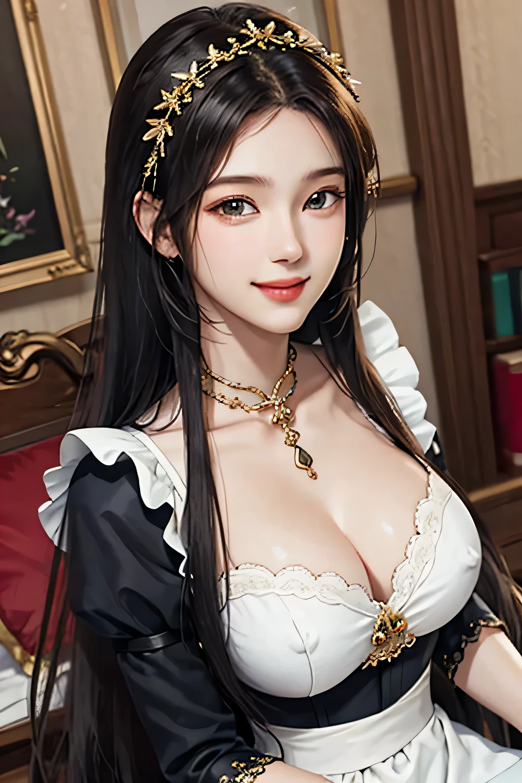 18 year old beautiful girl, Big eyes, big breasts, and thin, 8K, highest quality, (Highly detailed head: 1.0), (highly detailed face: 1.0), (very fine hair: 1.0), Maid clothes, Highly detailed official artwork, anime moe art style, clean detailed anime art, smile, golden hair, Smooth long hair,erect nipples