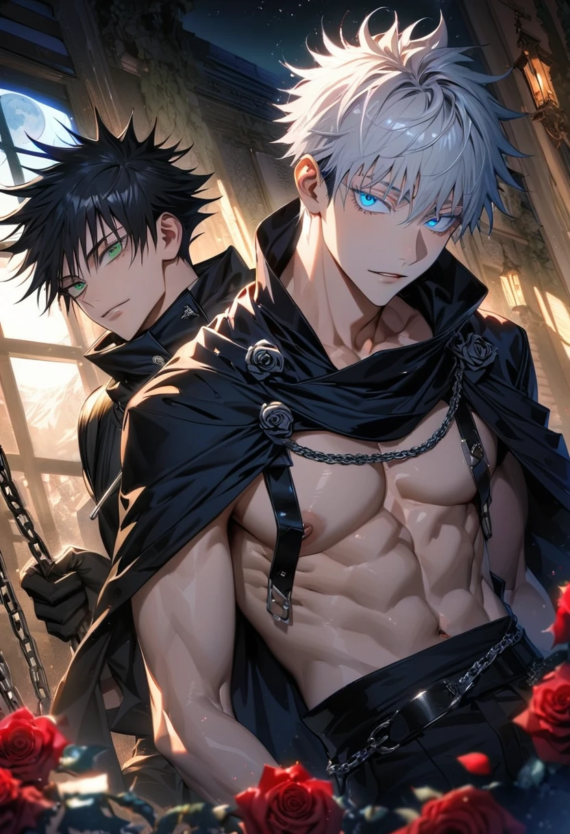 Ultra detailed, Highres, absurdres, HDR, white hair with bangs, Gojou Satoru, blue eyes, black gloves, Fushiguro Megumi, black hair, green eyes, black cape, bare chest, prince cool clothes, 2 gay man together, moon, window, roses, handsome, jujutsu kaisen, chains