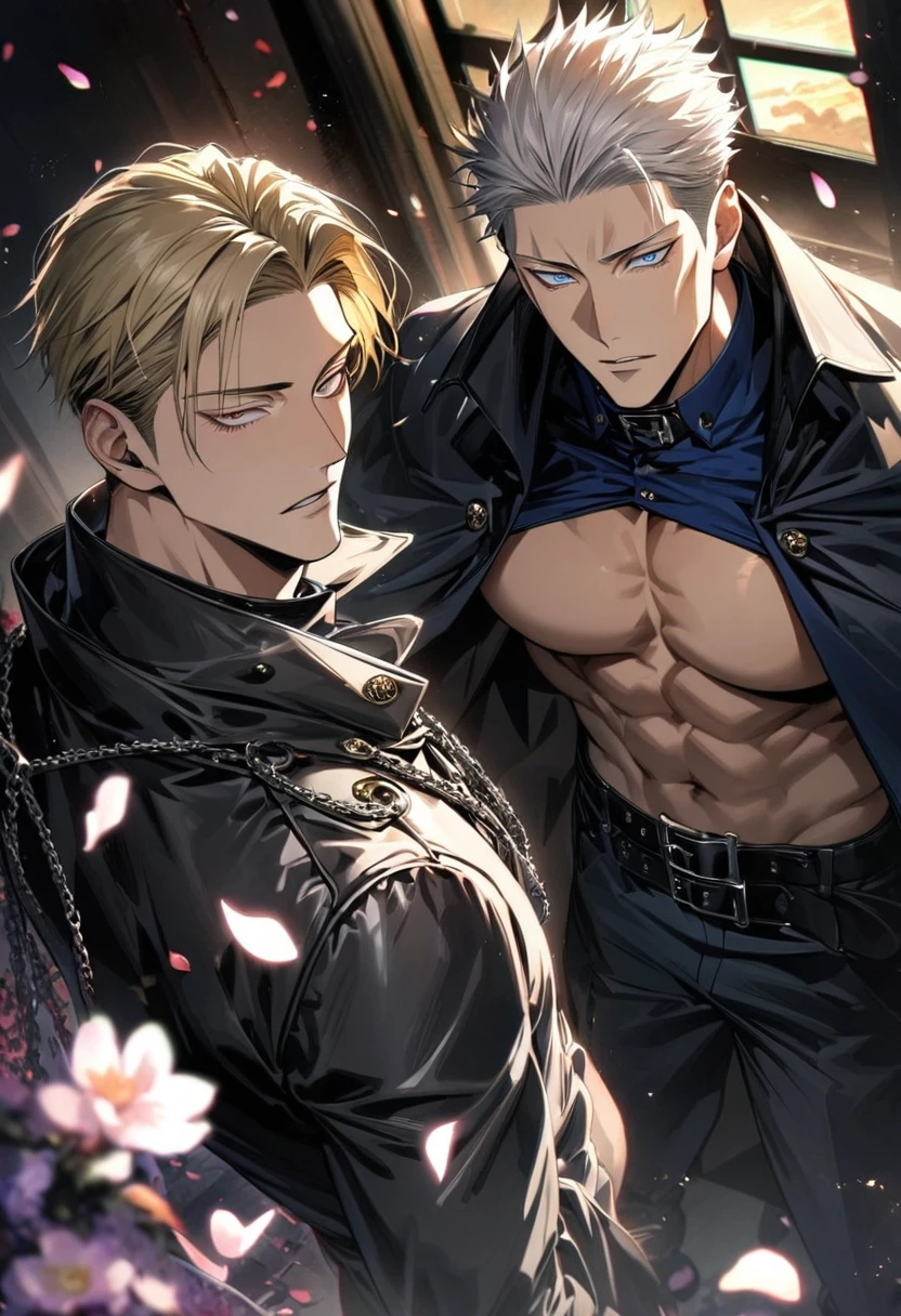 (absurdres, highres, ultra detailed, HDR), master piece, best quality, Gojo Satoru, white hair with bangs, white eyelashes, vibrant blue eyes, Jujutsu kaisen, Nanami Kento, blond hair, vibrant brown eyes, 2 gay men together, handsome, black leather coat, bare chest, belt across his chest, black collar, black gloves, chains, cape, moon, petals, window