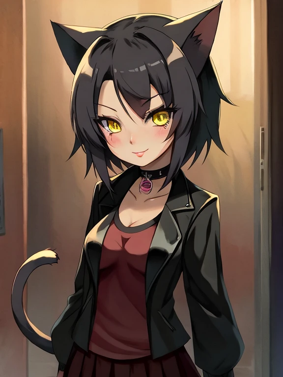 anime, black cat, girl, yellow eyes, black hair, black jacket, anime catgirl, beautiful anime catgirl, cute anime catgirl, anime cat, portrait of a goth catgirl, catgirl, attractive cat girl, very beautiful anime cat girl, anime girl with cat ears, cat girl, realistic anime cat, very beautiful cute catgirl