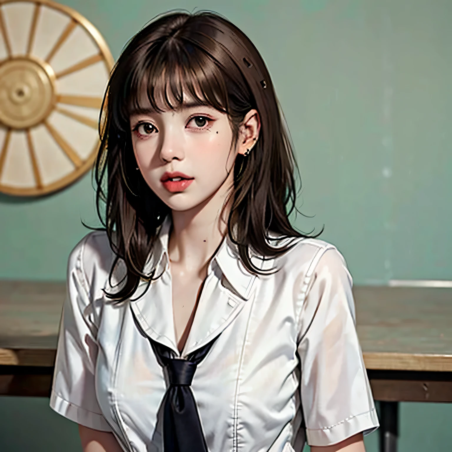 absurd, Raw photo, very delicate and beautiful, table top, highest quality, ultra high resolution, 16K, Super realistic, realistic, realistic, Photoreal, Super detailed, perfect anatomy, super dense skin, perfect figure, Highly detailed CG 8k wallpaper, 20's, Very slim body, tight waist, very small head, very small face, delicate features, Tears mole, earrings, thin legs, (very huge round breasts), (full body shot:1.2), short hair, (wavy hair), (light brown hair:1.2), (wet clothes), (1 girl:1.4), (school uniform:1.3), shirt,