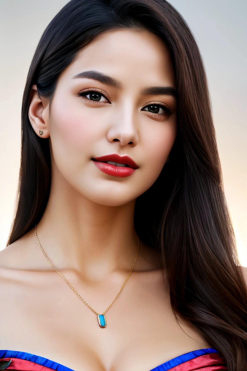 Superman as a Beautiful Woman: Age indeterminate, Solo, Long curved hair flowing like S-shaped gusts of wind, Colossal pectorals and broad shoulders, Eyes full of gentle compassion and captivating depth, Striking red lips curved into a gentle smile, Fair complexion with a subtle, radiant glow, Coveted blue S-shield necklace, Realistic, Ultra-feminine, Awe-inspiring, Graceful, Hyper-realistic, Captivating, Renowned masterpiece by renowned artist, Limited edition print, Detailed pores, Expressive features,ELaborate and flowing fabric, Serene and superhuman