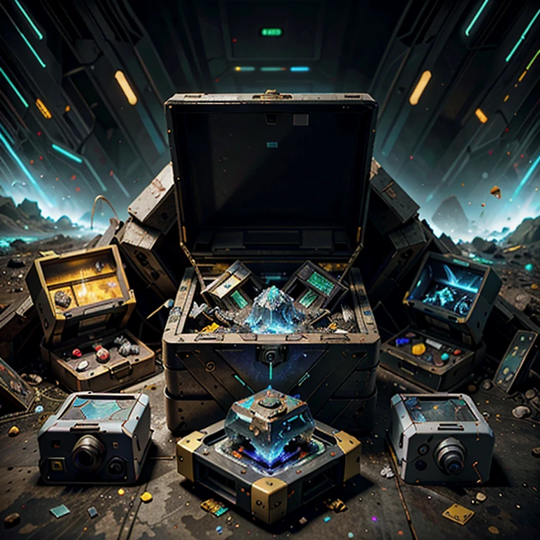 (best quality,4k,8k,highres,masterpiece:1.37), ultra-detailed, (realistic,photorealistic,photo-realistic:1.37), (aerial view), (top down perspective), (a futuristic artifact box full of retro video game cartridges:1.6), (Futuristic artifact box), (the artifact box is open), (The scene unfolds inside a mystical cavern:1.4), (dynamic angle:1.37), fractal_environment, (fantasy and sci-fi mixed:1.37), holographic glitch effects floats around the environment, vibrant colors, (A blue glow emanates from inside the treasure chest), glowing lights, (abandoned machinery), (there are video game cartridges and consoles on the background), mystical creatures, (there are crystal formations spreading on the background), (futuristic technology), (ancient artifacts), mystical energy, vibrant retro aesthetic, atmospheric lighting, ancient ruins, mysterious symbols, lush vegetation, nostalgic atmosphere, epic adventure, delightful surprises