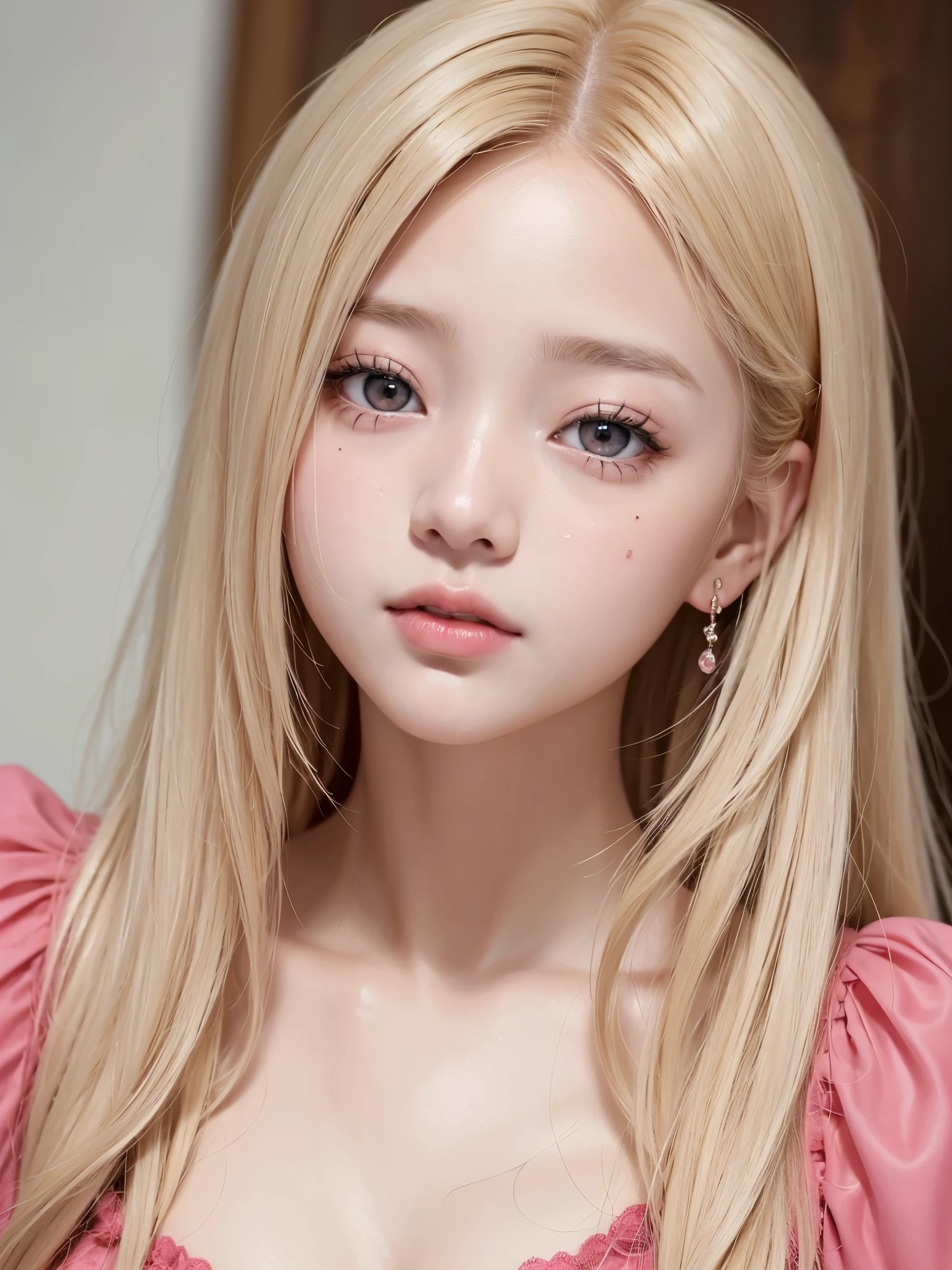 A young girl with very light blonde hair and pretty 20 years old, con cara de Wonyoung, Jang Wonyoung, doll eyes, estilo muy femenino, prendas con encaje, prendas rosadas. Chica japonesa, very tender asian girl with pale skin, ojos grandes, ojos de bambi, labios gruesos, ropa rosa, ella tiene el cabello muy largo, her face is pretty like a , se parece a Jang Wonyoung de ive, es Wonyoung, busto grande y notorio.