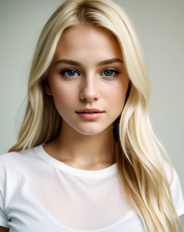 Photo realistic blonde girl with blonde hair. 20 years old with transparent white t-shirt. HD photo quality. No bra and big naked .