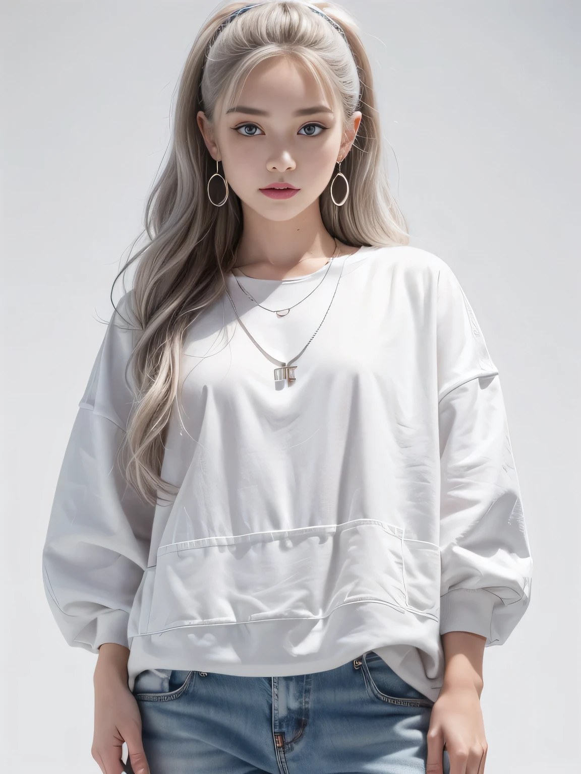 (8K, highest quality, High resolution, masterpiece :1.3), (white background), stylish, hisense, fashion, The contour is the length of the surface, eyes are long, (freckles), Wavy silver hair, hair band, Red oversized clothing, baggy clothes, Upper body, necklace, earrings, graphic design, take a pose, 