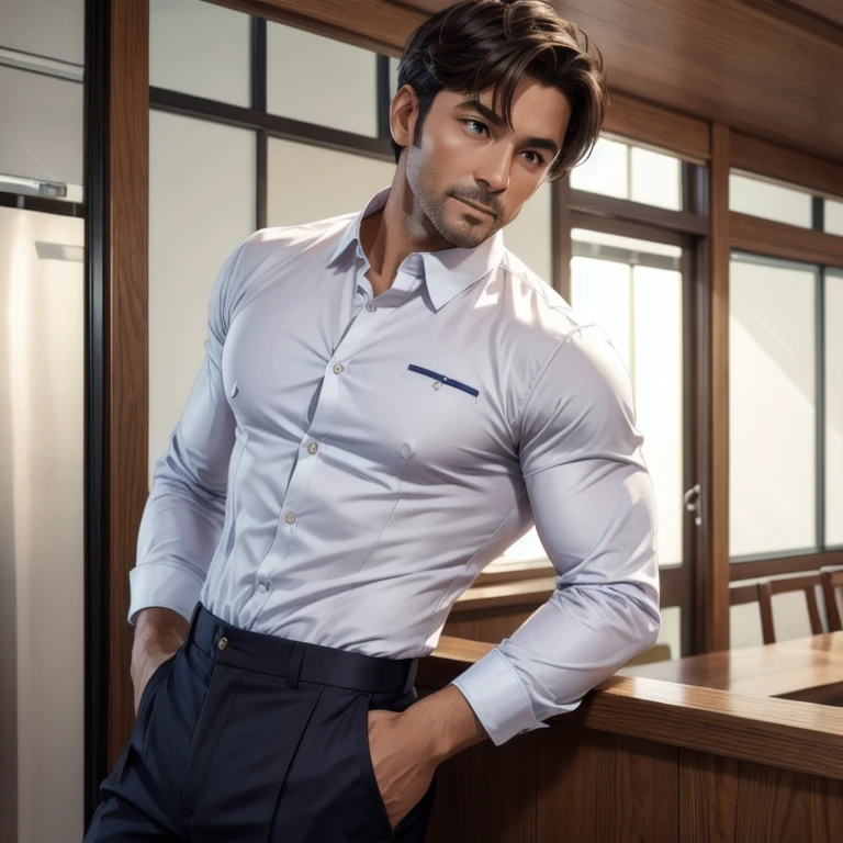 40year old man brown short hair, purple eyes, strong build, high waist pants, white shirt with long sleeves, asian
