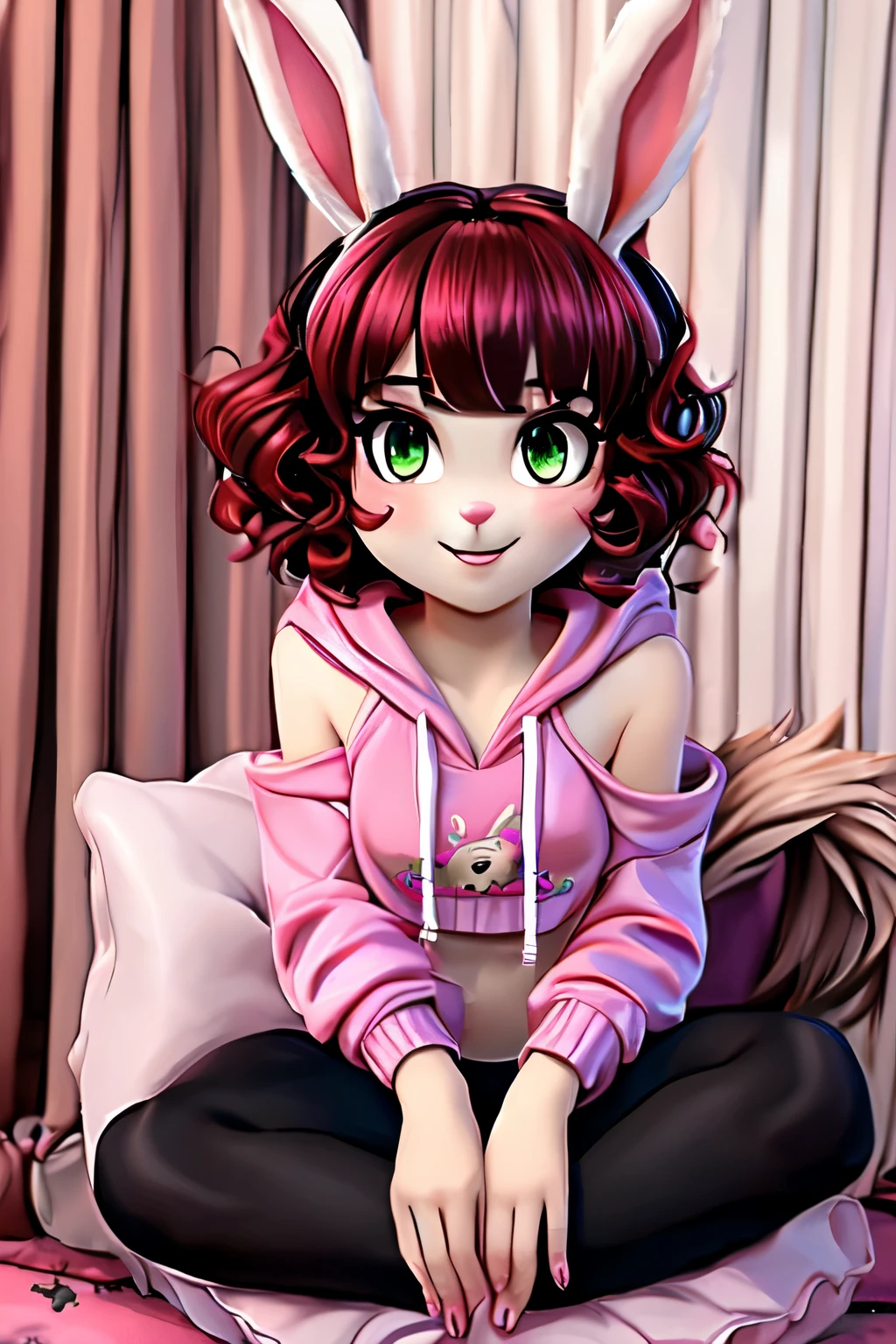 (8K、Highest image quality、highest quality、masterpiece)、detailed face、bunny girl, black and white fur、Panda fur、detaile fur、furry、rabbit ears、cat tails、((2 tails))、((1 girl))、red hair、short hair、wavy hair、asymmetric bangs、purple right eye, green left eye、cute smile、((determined))、、small breasts, ((Ruffled pink clothes))、off shoulder、((pink hoodie))、lesbian flag shirt、((crop top))、cute pose、cowboy shot、Take from below、sitting in beanbag chair