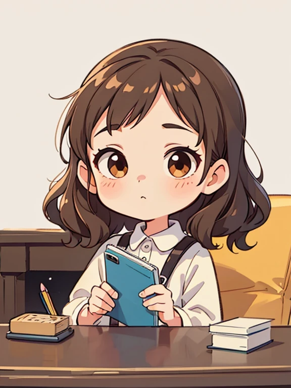 Simple modern living room background with fireplace、5 girl Emilia.(Highest image quality、4K、high、ultra-thin、pencil painting、With 8-bit portrait、short nonbinary person, wavy brown eyes and hair)Create。