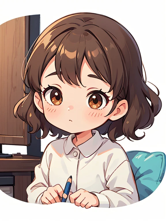 Simple modern living room background with fireplace、5 year old girl Emilia.(Highest image quality、4K、high、ultra-thin、pencil painting、With 8-bit portrait、short nonbinary person, wavy brown eyes and hair)Create。