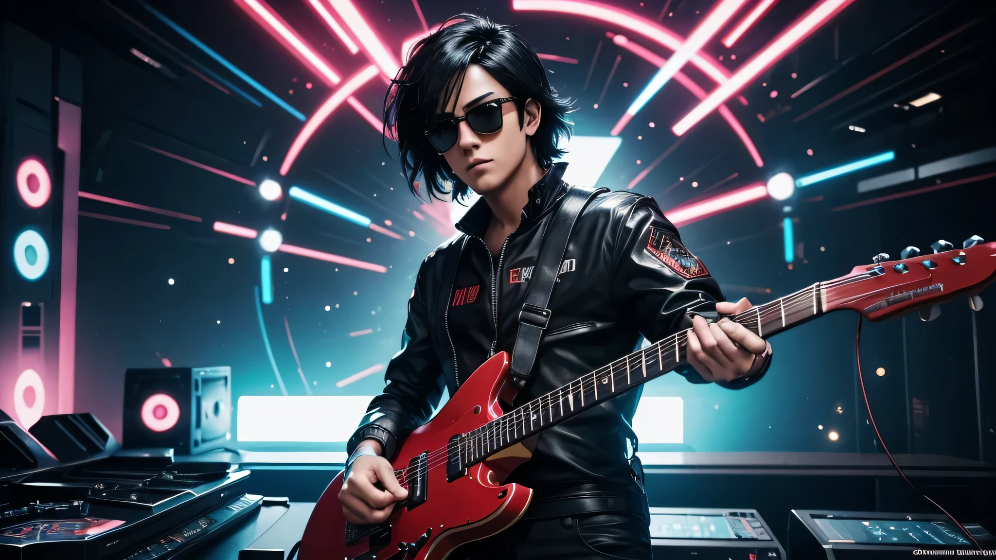Draw a scene in high definition anime style (Full HD) which depicts a character with black hair playing a red electric guitar in a style similar to the game "Guitar Hero". O personagem, wearing sunglasses, must be in a dynamic and exciting pose, with your eyes focused on the screen in front of you, The surrounding scenery should be vibrant and full of energy, with flashy visual effects to represent the intensity of the music. The character must be immersed in the music, displaying expressions of concentration and emotion while mastering the notes. Os espectadores, se houver, podem ser mostrados brevemente nas laterais, reacting to the performance with enthusiasm. The overall atmosphere should convey the excitement and fun of the moment, com um fundo que remeta ao estilo cyberpunk, com elementos futuristas e neon destacados.
