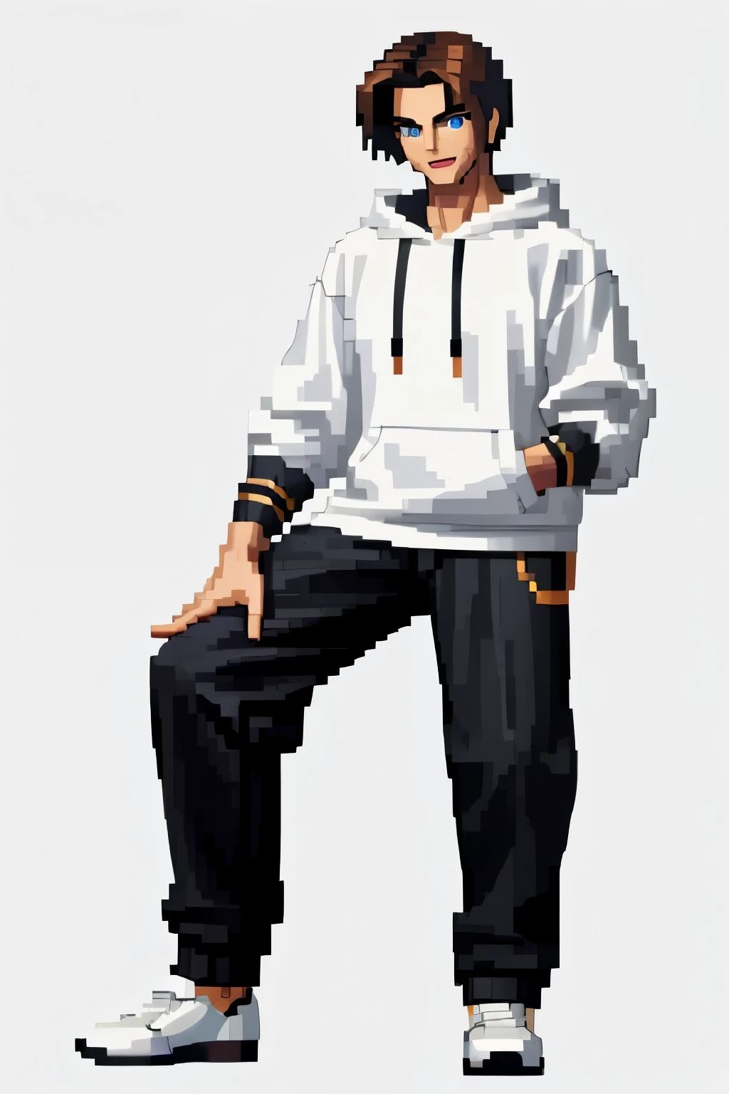 masterpiece, best quality, solo, 1boy, smile, looking at the viewer, simple background, full length, standing, brunette, blue eyes, black pants, blue sweatshirt with white sleeves, white background, hand on the belt