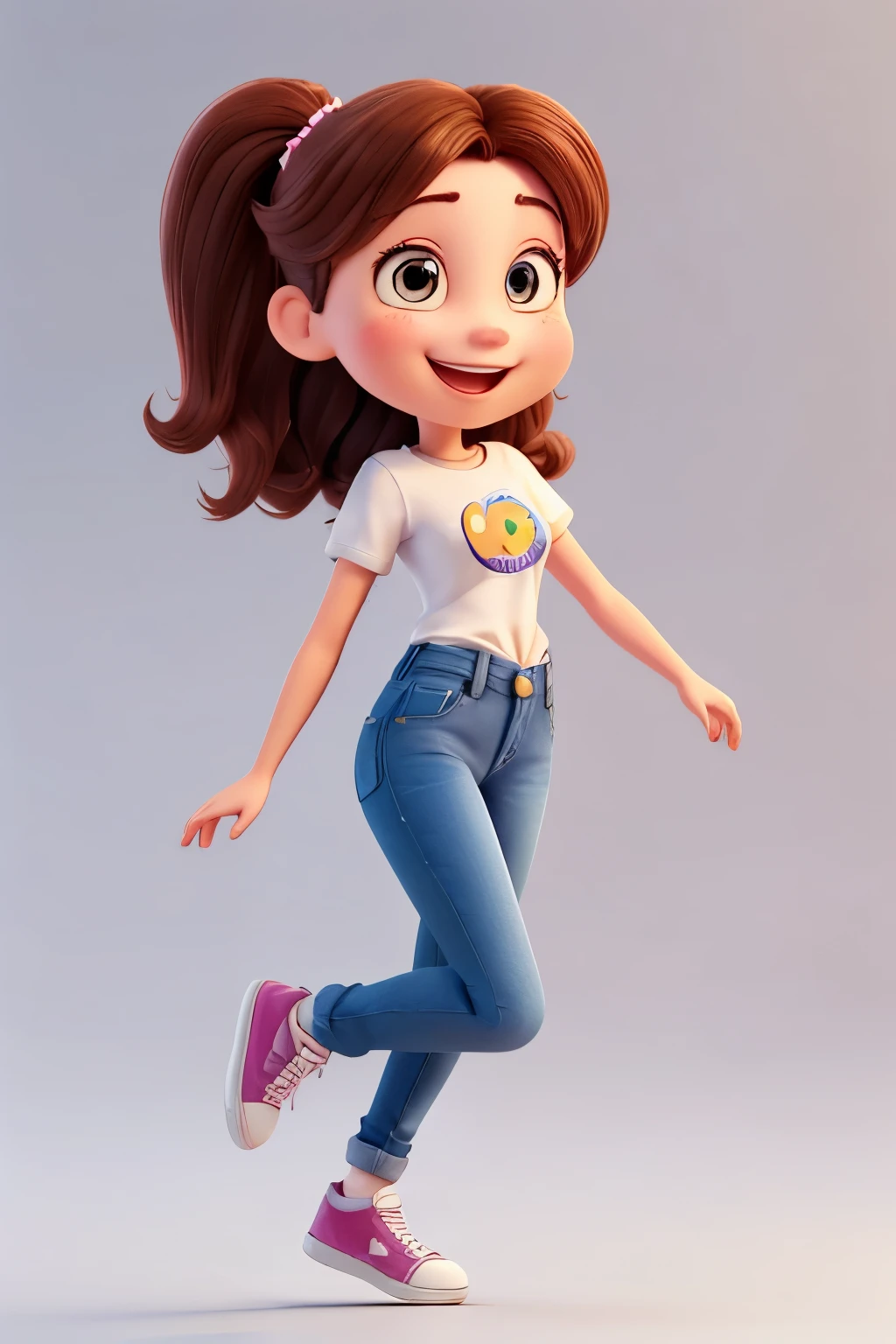 3D Character,3d rendering of a cute anime girl,8k,A young and successful Brazilian businesswoman,about 28 years old,animation character,Aurora Arruda,Aurora will be smiling,beautiful 3d rendering,Best quality,brown hair that reaches her waist,Cartoon character,Casual pose,character 3d render,character in her natural pose,character rendering,cheeky smile,cute character,Disney style,female character,female protagonist,full body,full body character drawing in the style of 3D Art,headshot profile picture,highly detailed character,jumping high and happyly with both arms openned above her shoulders,insane smile,largely smilling,laughing huge smile,Pixar style render illustration,Posing for photos,promotional rendering,pure white color background,She is a young woman,she is smiling,Smiling female,smiling happily at the camera,straight,Stylized 3d rendering,Super Detail,toon rendering screenshot,very big smile,very happy,wearing jeans and white t-shirt,wearing sneakers,white skin,work of art,young wonn with a huge smile