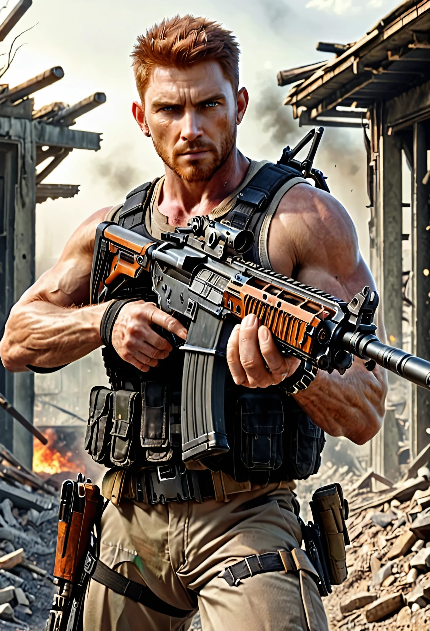 masterpiece, best quality, solo, solo focus, auburn hair, crew cut, dark grey eyes, mercenary, age 45, male focus, using weapon, assault rifle, danger atmosphere, load-bearing vest, ammunition belt, shirt, war zone